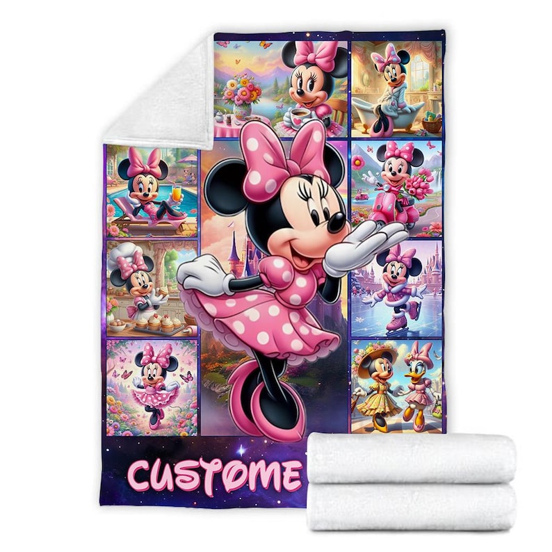 May include: A plush, custom-printed blanket featuring Minnie Mouse in various scenes. The blanket showcases Minnie in a pink polka-dot dress, with the word "CUSTOM" at the bottom. Two folded white blankets are stacked at the bottom right.