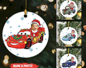 Personalized Disney Cars Ceramic Christmas Ornament, Disney Pixar Car Christmas Ornament, Custom Photo Character Lightning McQueen Tow Mater