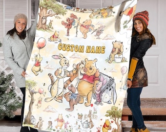 Personalized Classic Winnie the Pooh Baby Blanket, Custom Name Hundred Acre Wood Nursery Decor, Vintage Pooh and Friends Fleece Blanket