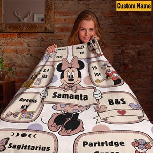 May include: A personalized Minnie Mouse blanket with the name "Samanta" displayed prominently. The blanket features Minnie Mouse, along with details like weight (8.4 lbs), length (19 inches), and birth date. Additional text includes "Queens NY" and "B&S".