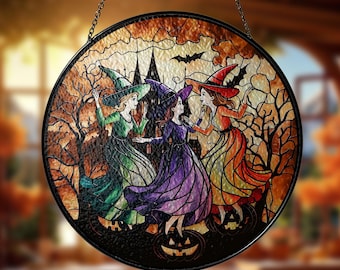 Witrażowy łapacz słońca z tańczącą czarownicą, jesienna dekoracja okna na Halloween, wisząca dekoracja okna z motywem czarownicy, prezent na Halloween
