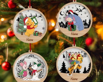 Custom Name Christmas Pooh & Friends Ornament 2025, Winnie the Pooh Wood Ornament, Christmas Pooh Ornament, Christmas Tree Decoration