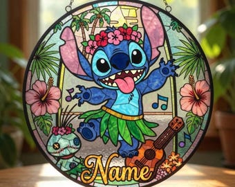 Personalized Stitch Suncatcher Stained Glass Window Hanging Custom Name Lilo Scrump Hawaiian Decor Ukulele Nursery Kids Birthday Gift Blue