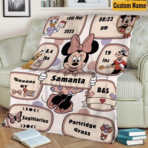 May include: A personalized Minnie Mouse-themed blanket in soft pastel colors. The blanket features Minnie Mouse holding a sign with the name "Samanta". It includes details like weight (8.4 lbs) and length (19 inches), along with other personalized elements.