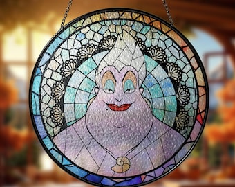 Vitral decorativo com vilões de terror da Disney, estilo gótico, para janela, enfeite de parede de Halloween, presente para fãs de bruxas da Disney.