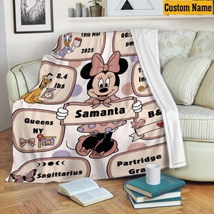 May include: A personalized Minnie Mouse-themed blanket with the name "Samanta" displayed prominently. The blanket features various design elements, including a Minnie Mouse illustration, birth details, and astrological signs. The blanket is 1 inch in size and weighs 8.4 lbs.
