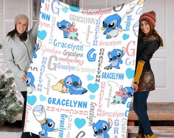 Custom Name Stitch Baby Kids Name Blanket, Personalized Lilo Stitch Baby Blanket, Stitch Blanket, Disney Trip Birthday Gift For Boy Girl