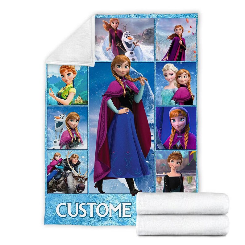 May include: A custom-made, blue and white fleece blanket featuring multiple images of characters from the animated movie "Frozen." The blanket has a white, plush backing and the word "CUSTOM" in a blue, icy font.