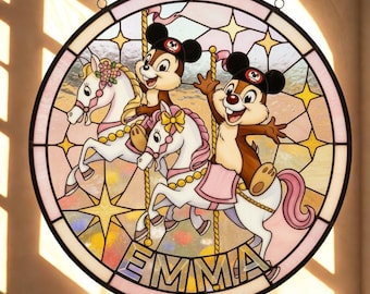Personalized Chip n Dale Suncatcher Stained Glass Window Hanging Custom Name Carousel Horse Acrylic Decor Gift for Kids Nursery Girl Emma