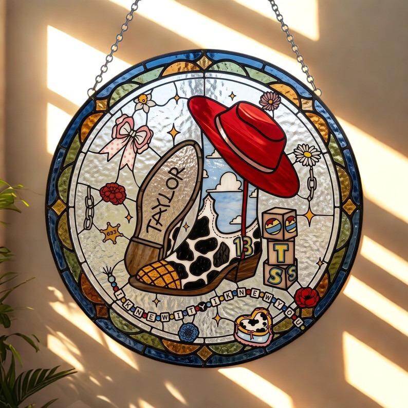 Custom Country Music Stained Glass Suncatcher, Taylor Cowboy Boot Window Hanging, Red Hat Swiftie Decor, Personalized Cowgirl Gift image 2
