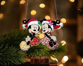Łapacz słońca z akrylu Myszka Miki i Minnie 2025, ozdoba Mikołaja Myszka Miki Disneya, świąteczna zawieszka na okno Disneya, prezent świąteczny dla pary myszek