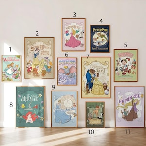 Vintage Princess Poster Set, Retro Fairytale Wall Art, Classic Movie Prints, Nursery Decor, Cute Cartoon Poster, Aesthetic Room Decor image 1