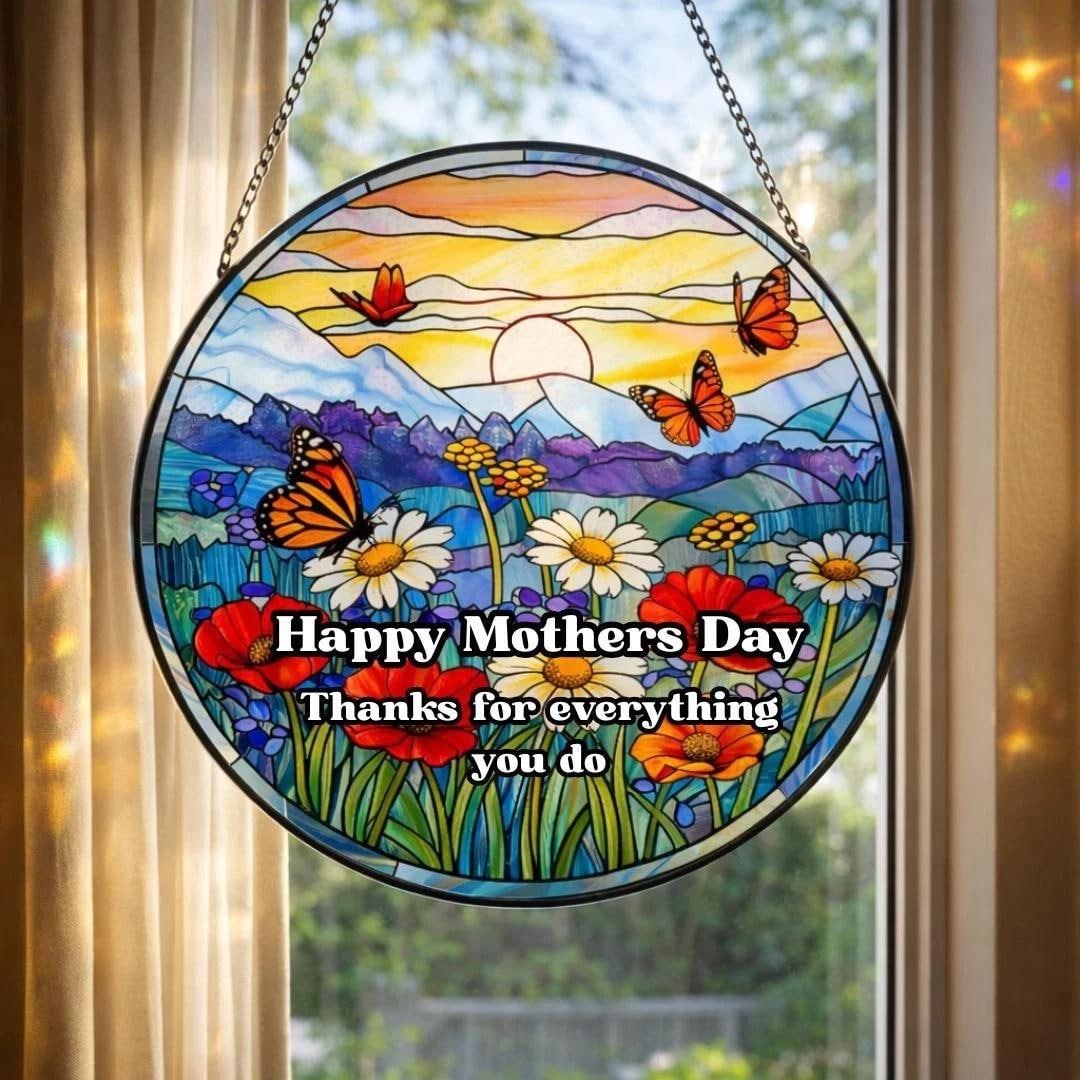 Happy Mothers Day Stained Glass Suncatcher, Sunset Floral Window ...