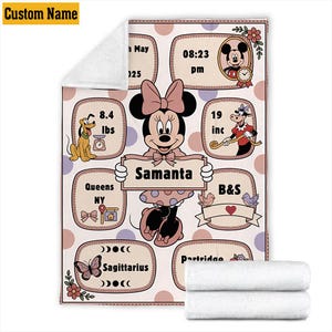 May include: A personalized baby blanket featuring Minnie Mouse holding a sign with the name "Samanta". The blanket includes details like weight (8.4 lbs), length (19 inches), birth time, and astrological sign, all in a soft color palette.