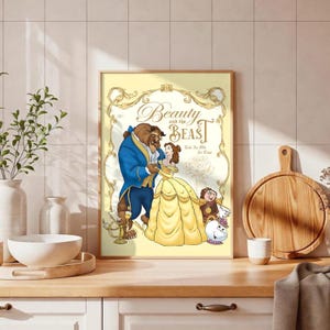 May include: A rectangular wall art print featuring a yellow background with an ornate gold frame design. The illustration depicts Belle in a yellow gown and the Beast in a blue suit, surrounded by characters, with the text Beauty and the Beast.