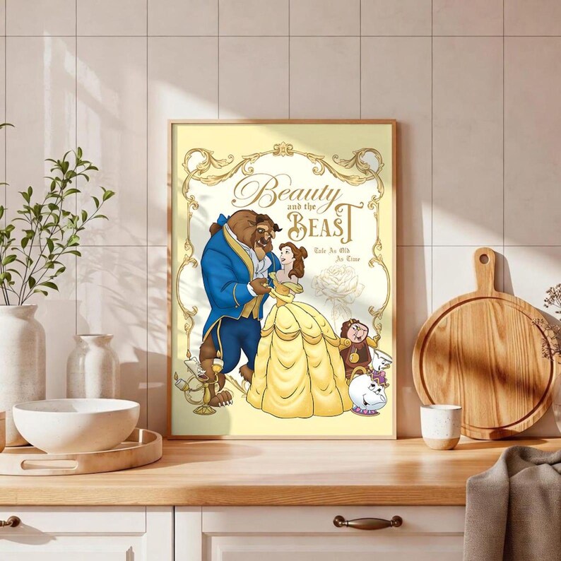 May include: A rectangular wall art print featuring a yellow background with an ornate gold frame design. The illustration depicts Belle in a yellow gown and the Beast in a blue suit, surrounded by characters, with the text Beauty and the Beast.