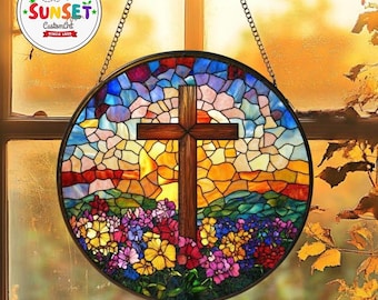 Spersonalizowany witrażowy krzyż z polnymi kwiatami, łapacz słońca, witraż choinkowy, chrześcijański witraż na okno, prezent religijny