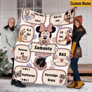 May include: A personalized Minnie Mouse-themed baby blanket. The blanket features a Minnie Mouse illustration holding a sign with the name "Samanta". It includes details like weight (8.4 lbs), length (19 inches), and birth date.