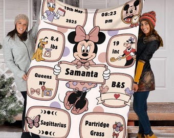 Personalized Minnie Mouse and Friends Birth Stats Blanket, Custom Name Mouse Ear Castle Pattern Throw, Disney Newborn Gift 2026