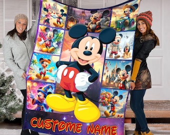 Spersonalizowany koc z Myszką Miki Disneya, spersonalizowany koc Disneyland, prezent urodzinowy Disneyworld dla solenizanta, przytulny wystrój domu Disney
