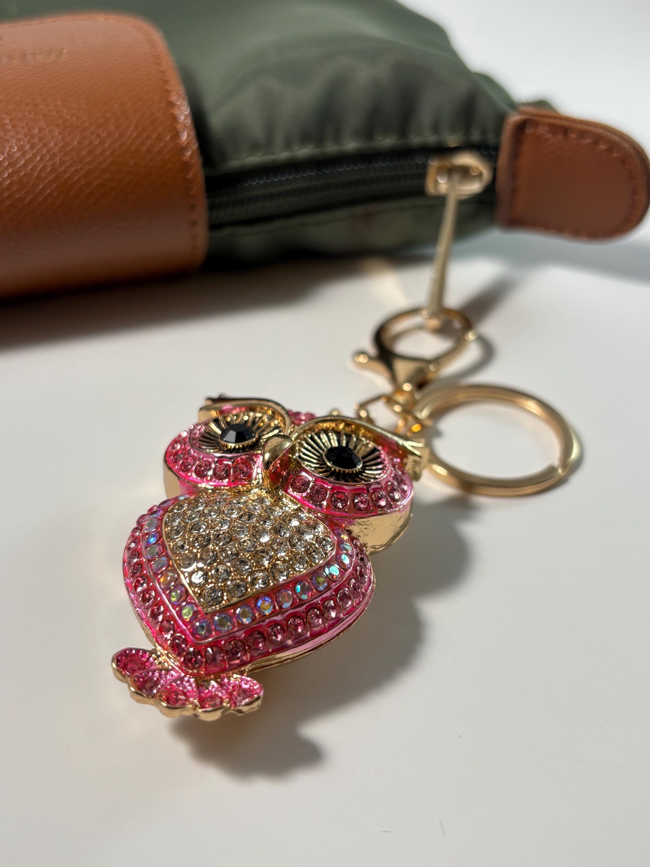 Pink Crystal Owl Keychain, Rhinestone Bag Charm, Gold-Tone Owl Pendant, Handbag Accessory