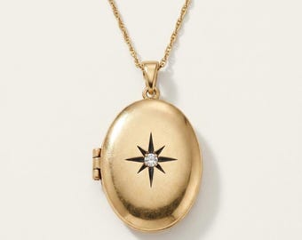 Vintage gold starburst locket necklace Antique style photo locket Keepsake locket necklace North Star amulet gift