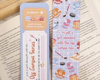 May include: Two colorful bookmarks with hockey-themed designs. One features a ticket design with text, the other has a grid pattern with hockey jerseys, skates, and pucks. Both have a burgundy ribbon attached.