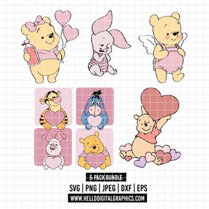 Op de afbeelding: Een 5-pack bundel van Winnie de Poeh-personages in verschillende poses, elk met harten of hartvormige ballonnen. De personages zijn in tinten geel, roze en blauw, met de tekst "5 PACK BUNDLE" en bestandstype-opties onderaan.