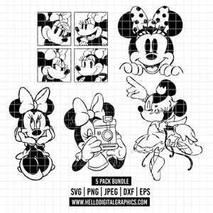 May include: Black and white Minnie Mouse digital graphics bundle. Includes five different images of Minnie Mouse in various poses, with a polka dot bow. The images are in SVG, PNG, JPEG, DXF, and EPS formats.