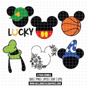 May include: A collection of six Mickey Mouse head designs, each with a unique theme. Includes a basketball, a leprechaun hat, floral accents, and a wizard hat. The word "LUCKY" is also featured. The image also includes file type information.