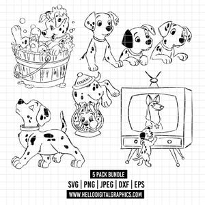 以下が含まれることがあります： さまざまなポーズのダルメシアンの子犬の白黒線画。子犬が泡の入った木製のバケツに入っており、他の子犬は座っており、1匹はテレビを見ています。画像には「5 PACK BUNDLE」というテキストとウェブサイト情報が含まれています。