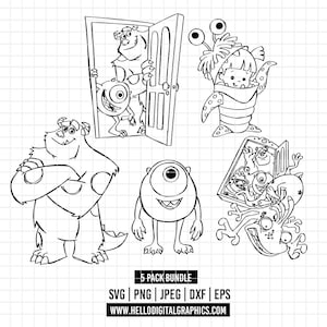 3368 - Monster inc characters line art pack bundle Svg, Eps, Png, Dxf, Jpeg (scenes with Mike - Sullivan - Boo - Randall)