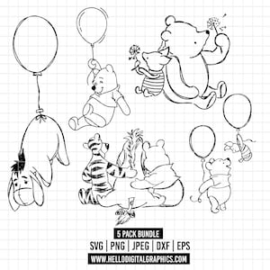 Puede incluir: Dibujo lineal en blanco y negro de los personajes de Winnie the Pooh, incluyendo a Pooh, Piglet, Tigger, Eeyore y una abeja, con globos. La imagen incluye el texto "5 PACK BUNDLE" e información del sitio web.