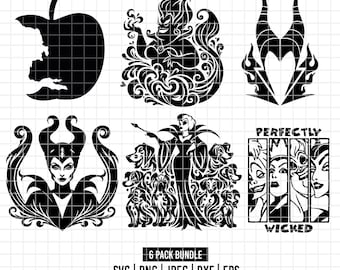 3564 - Pacchetto DTF dei cattivi Disney in formato SVG, EPS, PNG, DXF, Jpeg (Crudelia De Mon - Ursula - Regina cattiva - Malefica)