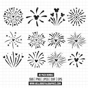 May include: A collection of black and white fireworks designs, each featuring a Mickey Mouse head silhouette at the center. The designs vary in shape and style, with star and burst patterns. The image includes the text "40 PACK BUNDLE" and file type information.