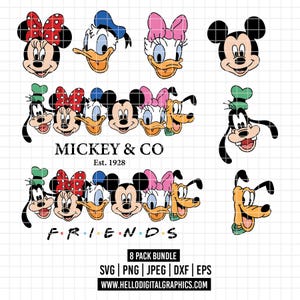 Könnte beinhalten: Eine Sammlung von Cartoon-Charakter-Grafiken, darunter Micky Maus, Minnie Maus, Donald Duck, Daisy Duck, Goofy und Pluto. Der Text "Mickey & Co. Est. 1928" und "FRIENDS" sind ebenfalls vorhanden. Das Bild enthält eine "8 PACK BUNDLE" Grafik.