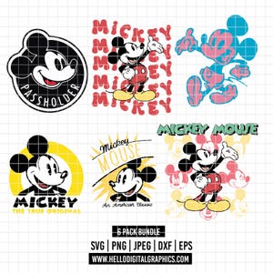 Puede incluir: Una colección de seis diseños gráficos de Mickey Mouse en varios estilos. Las imágenes incluyen a Mickey en diferentes poses, con texto como "Passholder" y "Mickey Mouse". La paleta de colores incluye negro, rojo, amarillo y azul.