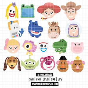 May include: A digital collection of 18 cartoon character head illustrations featuring various colorful figures, including a cowgirl, cowboy, space ranger, and alien. Text at the bottom reads 18 PACK BUNDLE SVG PNG JPEG DXF EPS WWW.MAGICALSVGPACK.COM.