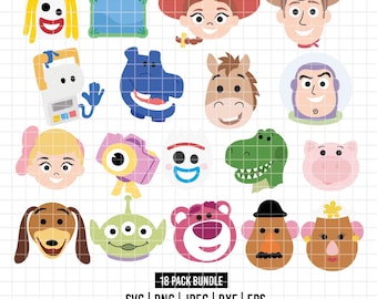May include: A digital collection of 18 cartoon character head illustrations featuring various colorful figures, including a cowgirl, cowboy, space ranger, and alien. Text at the bottom reads 18 PACK BUNDLE SVG PNG JPEG DXF EPS WWW.MAGICALSVGPACK.COM.
