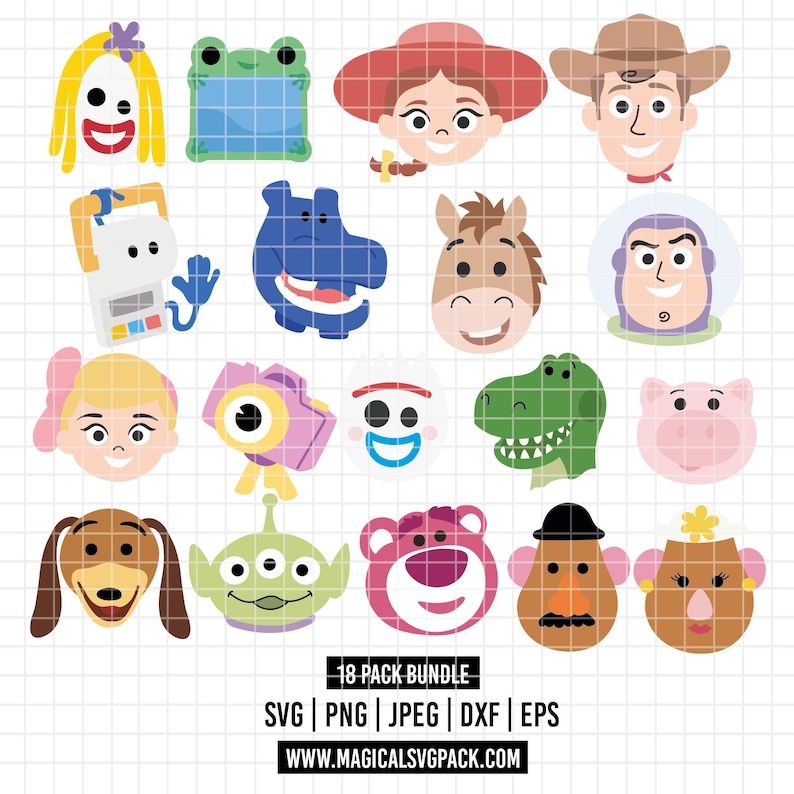 May include: A digital collection of 18 cartoon character head illustrations featuring various colorful figures, including a cowgirl, cowboy, space ranger, and alien. Text at the bottom reads 18 PACK BUNDLE SVG PNG JPEG DXF EPS WWW.MAGICALSVGPACK.COM.
