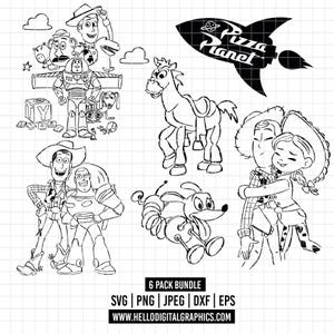 May include: Black and white line art of characters from the animated film Toy Story. Includes Woody, Buzz Lightyear, Jessie, and other characters. A Pizza Planet rocket ship is also featured. The text "6 PACK BUNDLE" is at the bottom.