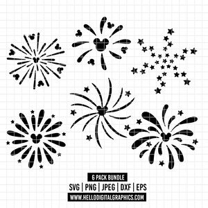 May include: Black and white digital graphics of fireworks with Mickey Mouse silhouettes and stars. The image includes a 6-pack bundle of SVG, PNG, JPEG, DXF, and EPS files. The website address is also included.
