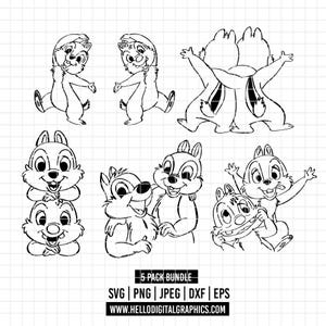May include: Black and white line art of cartoon chipmunks in various poses. The image includes a 5-pack bundle with file formats SVG, PNG, JPEG, DXF, and EPS. Website address is also included.