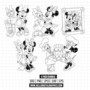 May include: Black and white digital illustrations of Minnie Mouse and Daisy Duck in various poses. One image shows them with Donald Duck. Another shows them with a framed picture. The text "5 PACK BUNDLE" and website address are at the bottom.