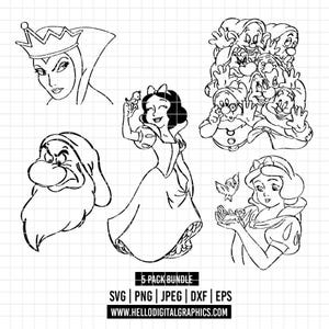 以下が含まれることがあります： 白雪姫のキャラクターをフィーチャーした白黒の線画バンドル。邪悪な女王、白雪姫、グランピー、七人の小人、鳥と王女が含まれています。「5 PACK BUNDLE」とテキストがあり、ファイルの種類がリストされています。ウェブサイトアドレスも含まれています。