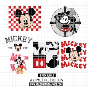 Puede incluir: Un conjunto de gráficos digitales con temática de Mickey Mouse. Los diseños incluyen la cara de Mickey sobre un fondo a cuadros rojos y blancos, un Mickey de estilo vintage y un diseño con el texto "Mickey Est. 1928". El paquete incluye varios formatos de archivo.
