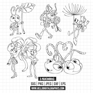3494 - A Bug&#39;s Life line art pack bundle Svg, Eps, Png, Dxf, Jpeg (small - backpacker - flying - with Princess Atta)