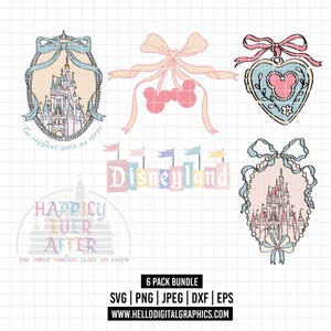May include: A collection of pastel-colored digital graphics featuring iconic imagery. Includes a castle design with a bow, a bow with cherries, a heart-shaped locket, the word "Disneyland", and the phrase "Happily Ever After". The bundle includes SVG, PNG, JPEG, DXF, and EPS files.