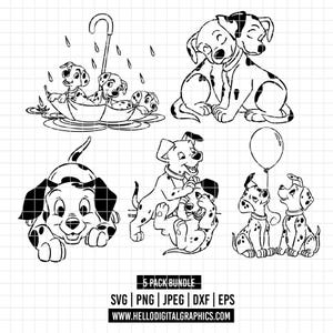 May include: Black and white line art illustrations of Dalmatian puppies in five different scenes. One scene depicts puppies in a boat under an umbrella, another shows two puppies cuddling, and others show puppies playing. Text reads "5 PACK BUNDLE".