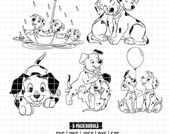 May include: Black and white line art of five different scenes featuring Dalmatian puppies. One scene shows puppies in a boat under an umbrella, another shows two puppies cuddling, and others show puppies playing. The text "5 PACK BUNDLE" is included.
